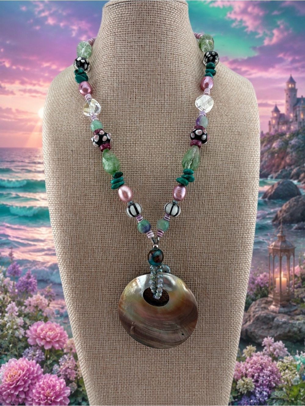 Handmade Green & Pink Beaded Necklace with Shell Pendant with cedar box